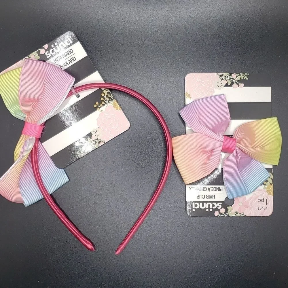 SCUNCI pink headband with rainbow bow with hair clip bow NWT